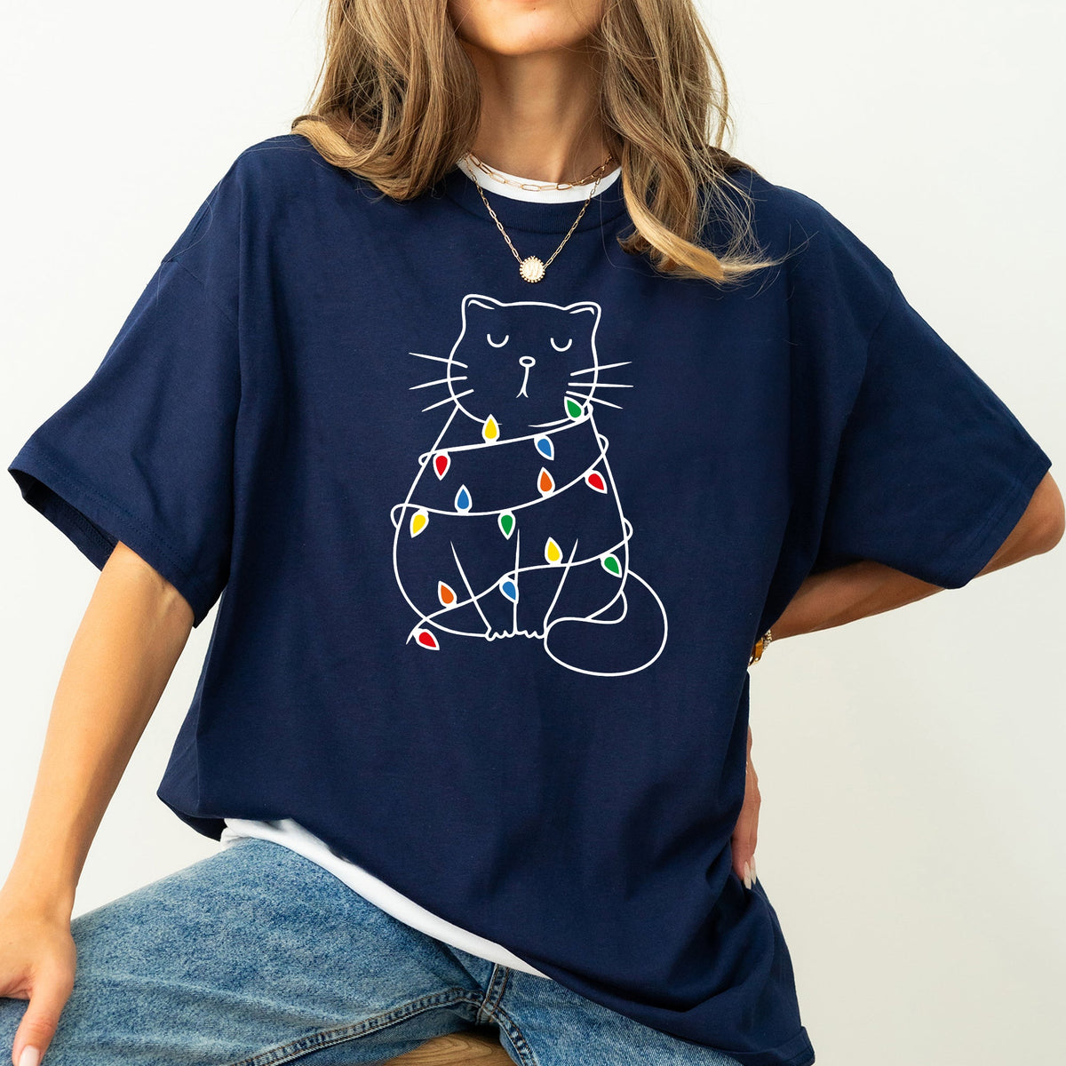 Christmas Cat Lights Santa Feline Holiday Cheer For Cat Lovers Comfort Colors Tee