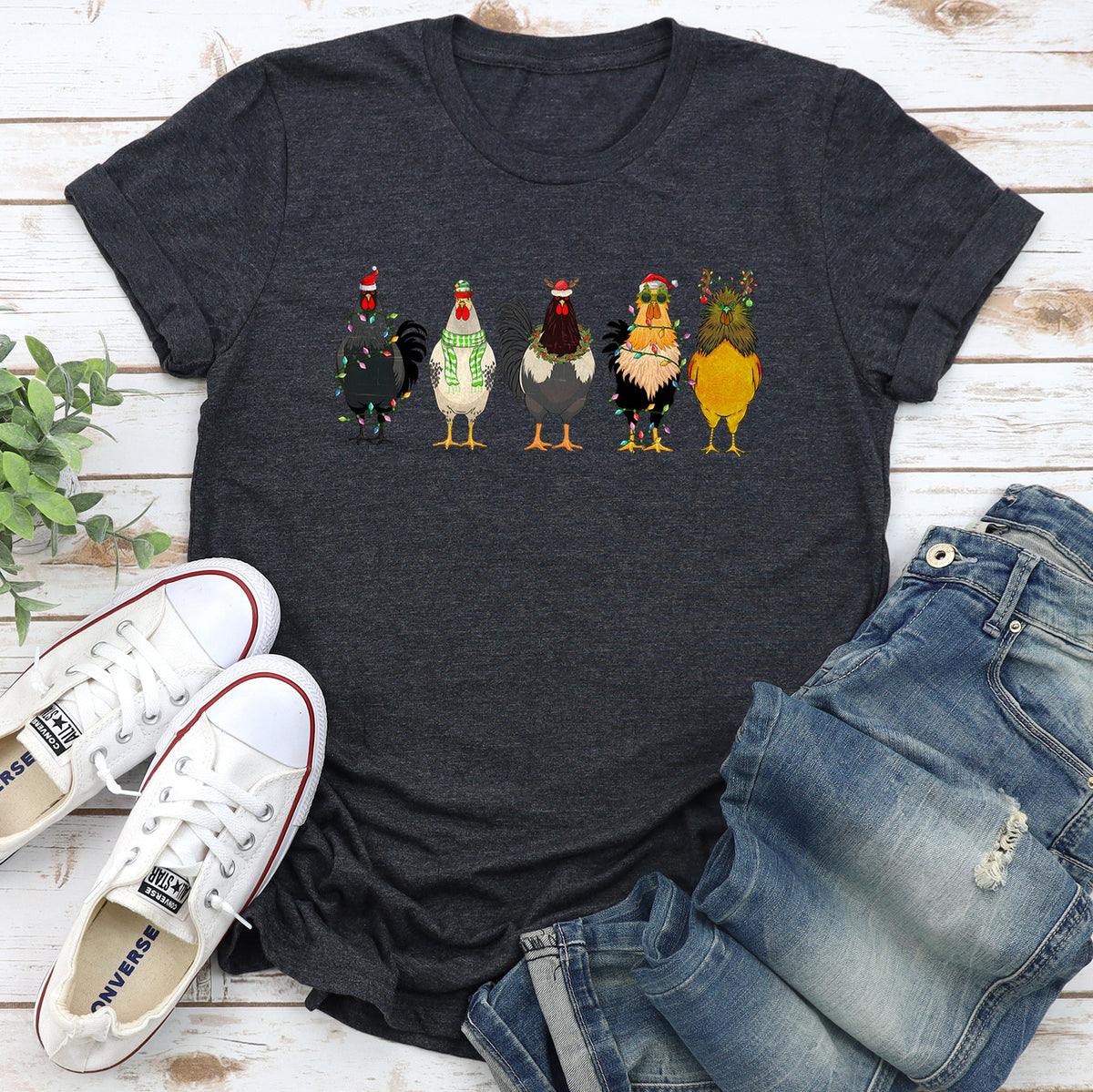 Christmas Chickens Santa Farm Life Cozy Farmhouse Theme Rustic Country Style Playful Graphic Tee