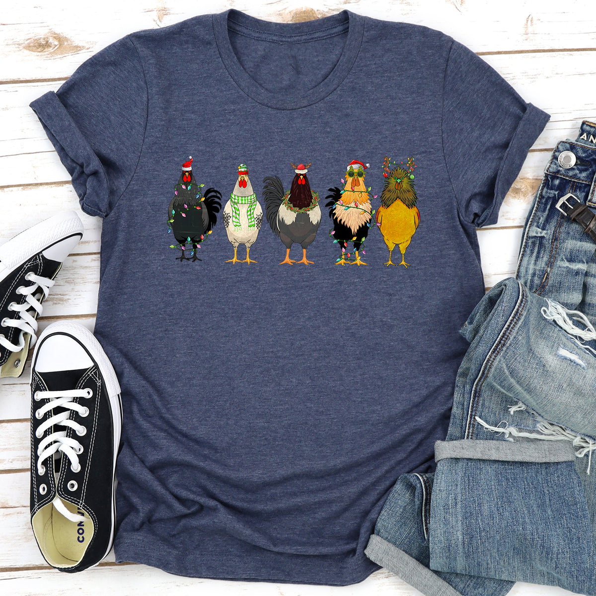 Christmas Chickens Santa Farm Life Cozy Farmhouse Theme Rustic Country Style Playful Graphic Tee