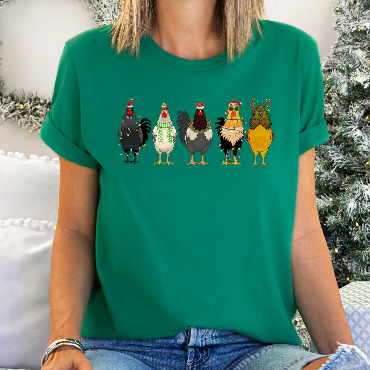 Christmas Chickens Santa Farm Life Cozy Farmhouse Theme Rustic Country Style Playful Graphic Tee