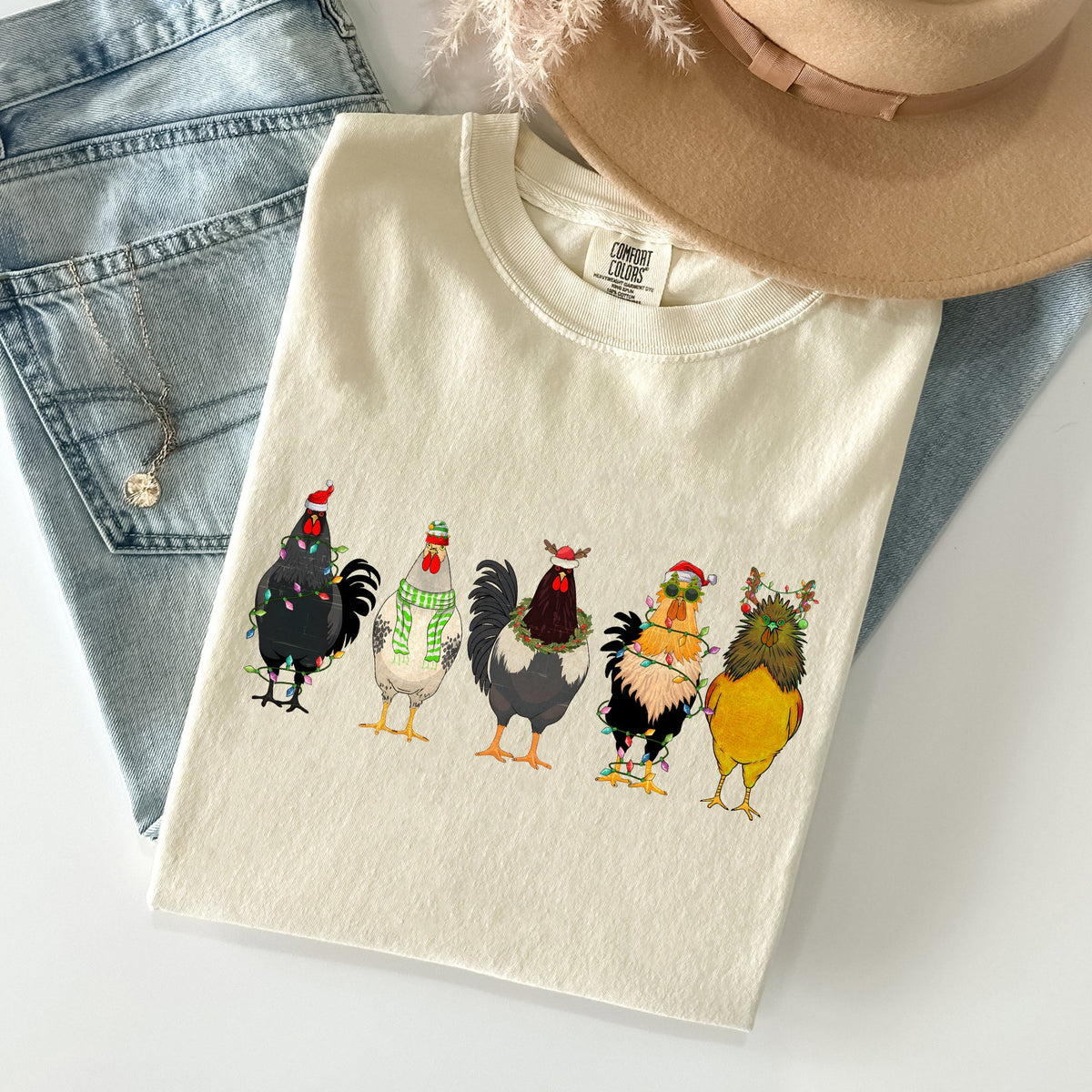 Christmas Chickens Santa Farm Life Winter Snow Xmas Village Holiday Scene Cozy Festive Farmyard Comfort Colors Tee