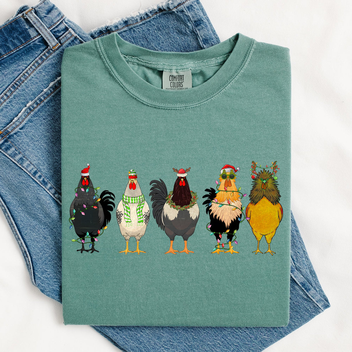 Christmas Chickens Santa Farm Life Winter Snow Xmas Village Holiday Scene Cozy Festive Farmyard Comfort Colors Tee