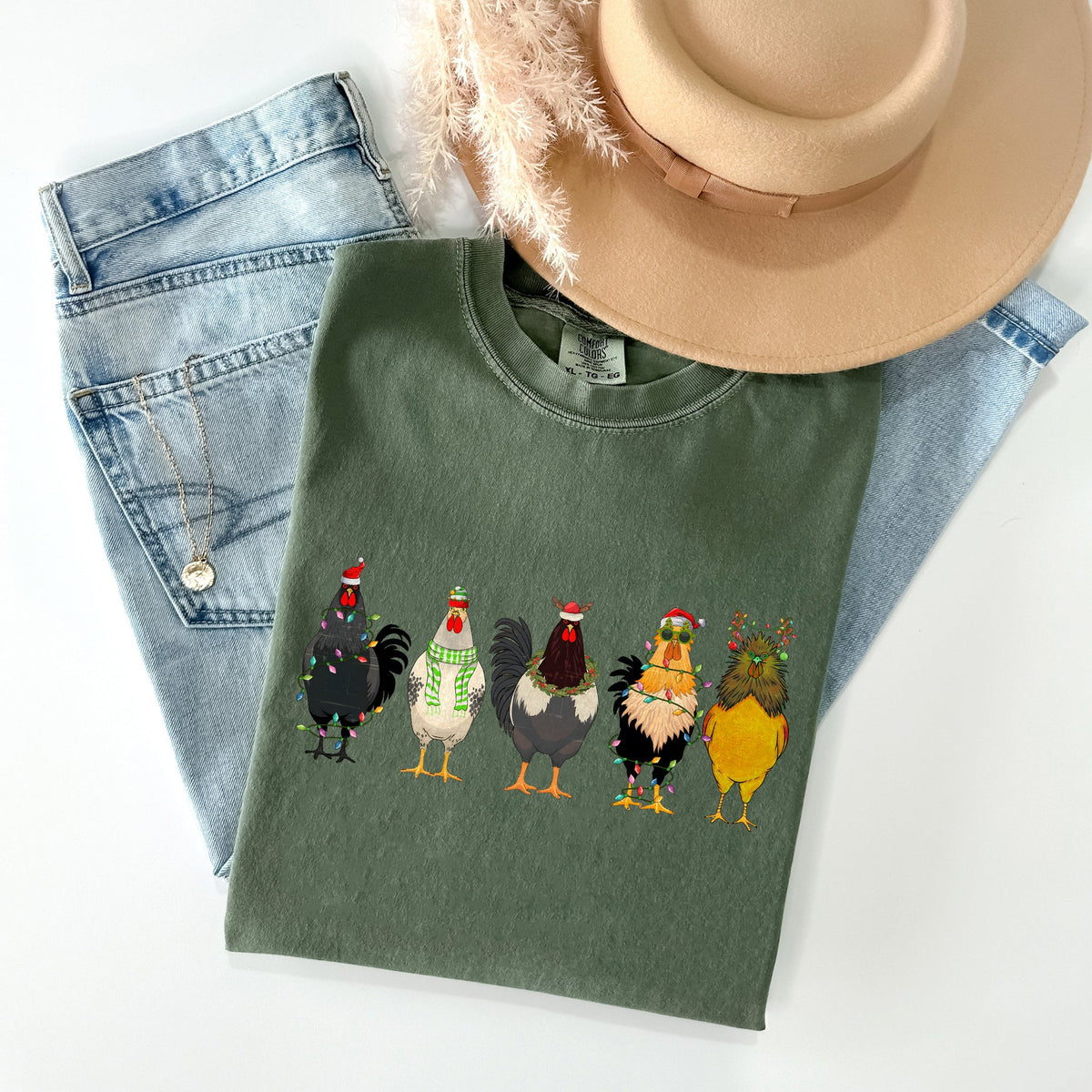 Christmas Chickens Santa Farm Life Winter Snow Xmas Village Holiday Scene Cozy Festive Farmyard Comfort Colors Tee