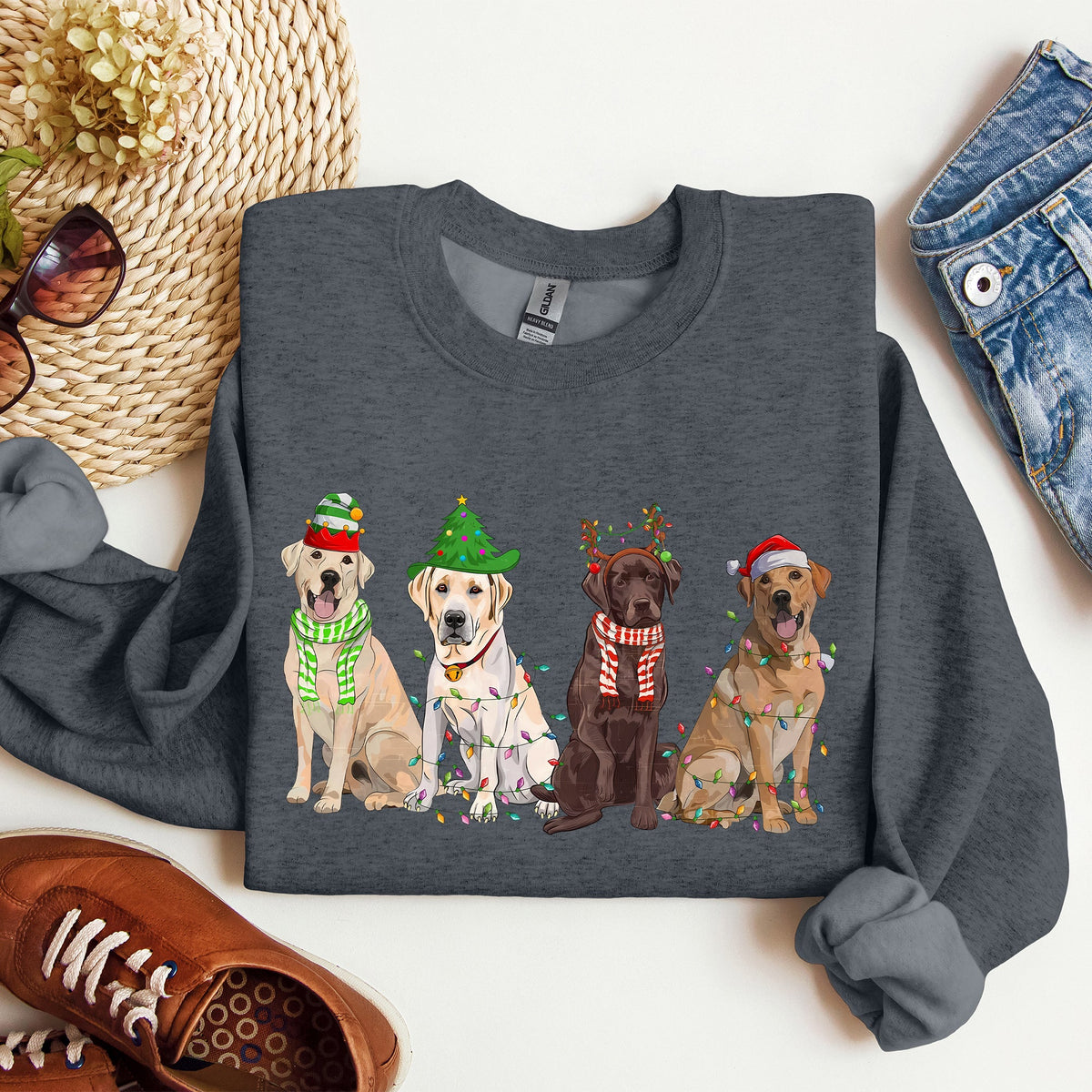 Christmas Dogs Retriever Labrador Santa Claus Holiday Scene Illustration Sweatshirt