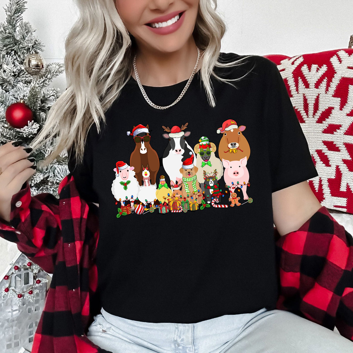 Christmas Farm Animals Farm Life Cow Sheep Horse Chicken Cat Dog Deluxe Graphic Tee