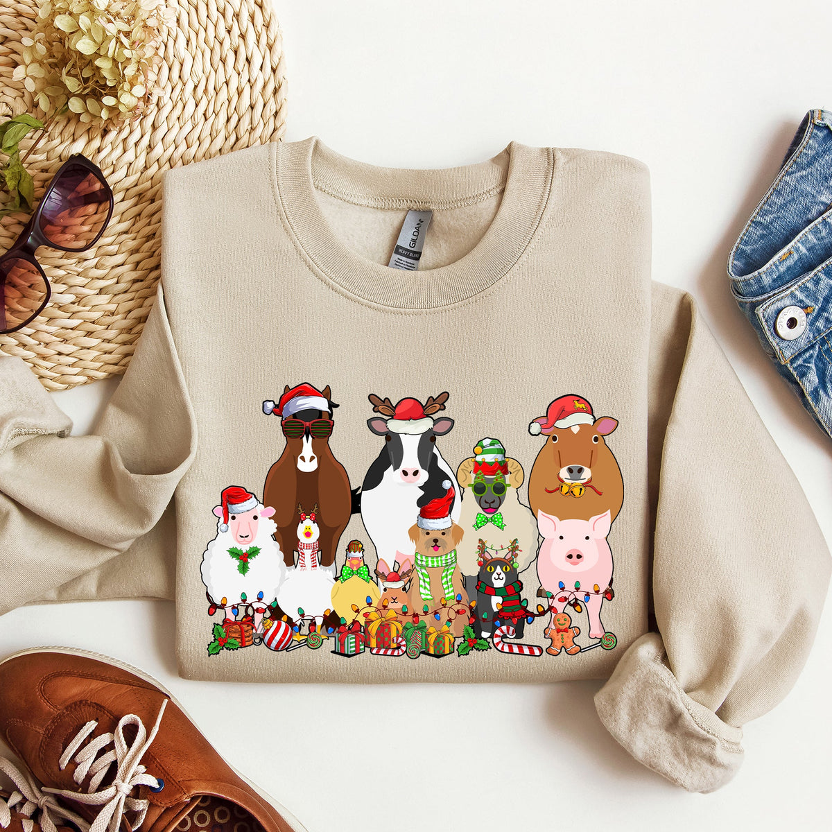 Christmas Farm Animals Farm Life Cow Sheep Horse Chicken Cat Dog Cozy Winter Sweatshirt