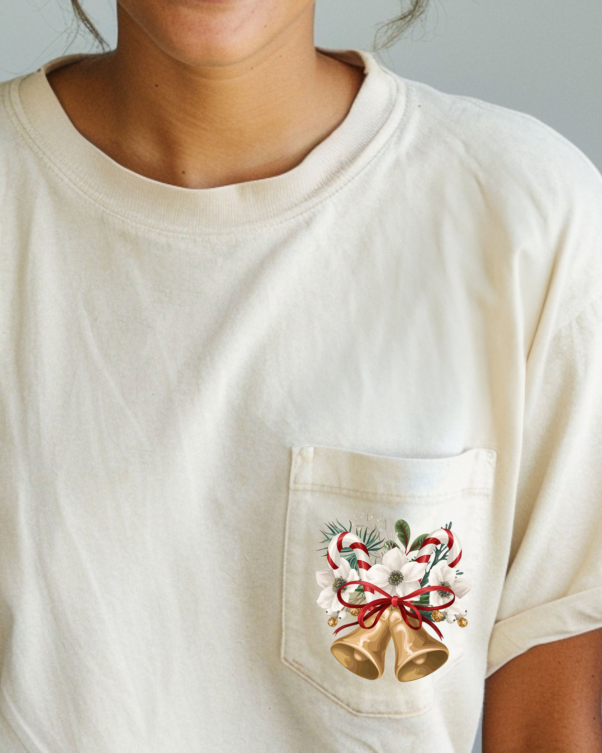 Christmas Flowers Pocket Bells Floral Winter Snow Botanical Xmas Comfort Colors Tee