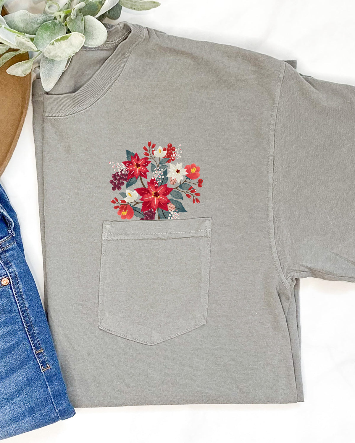 Christmas Flowers Pocket Floral Berries Poinsettia Winter Snow Botanical Xmas Comfort Colors Tee