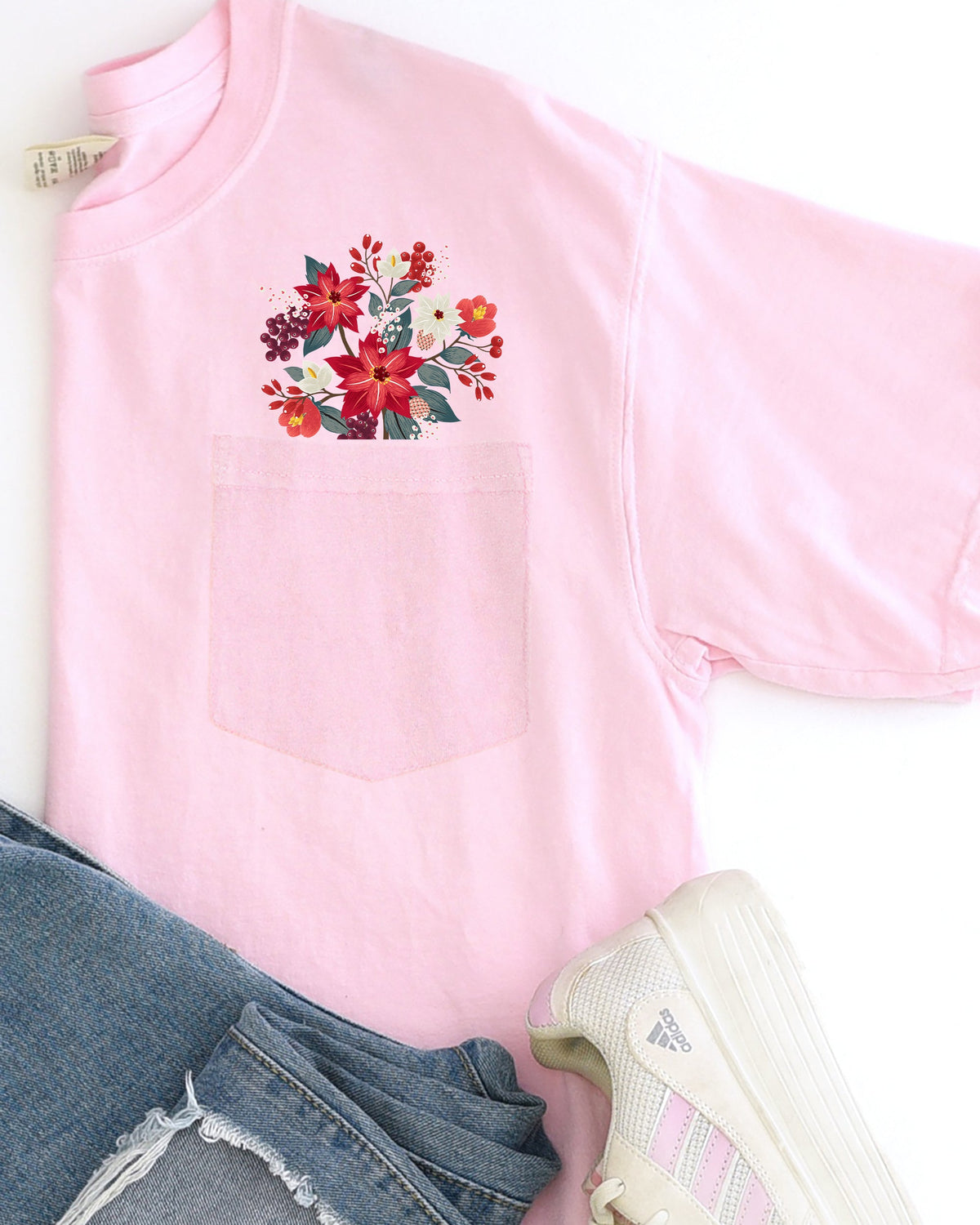 Christmas Flowers Pocket Floral Berries Poinsettia Winter Snow Botanical Xmas Comfort Colors Tee