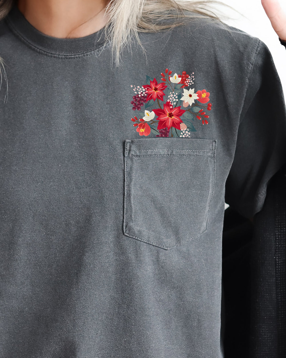 Christmas Flowers Pocket Floral Berries Poinsettia Winter Snow Botanical Xmas Comfort Colors Tee