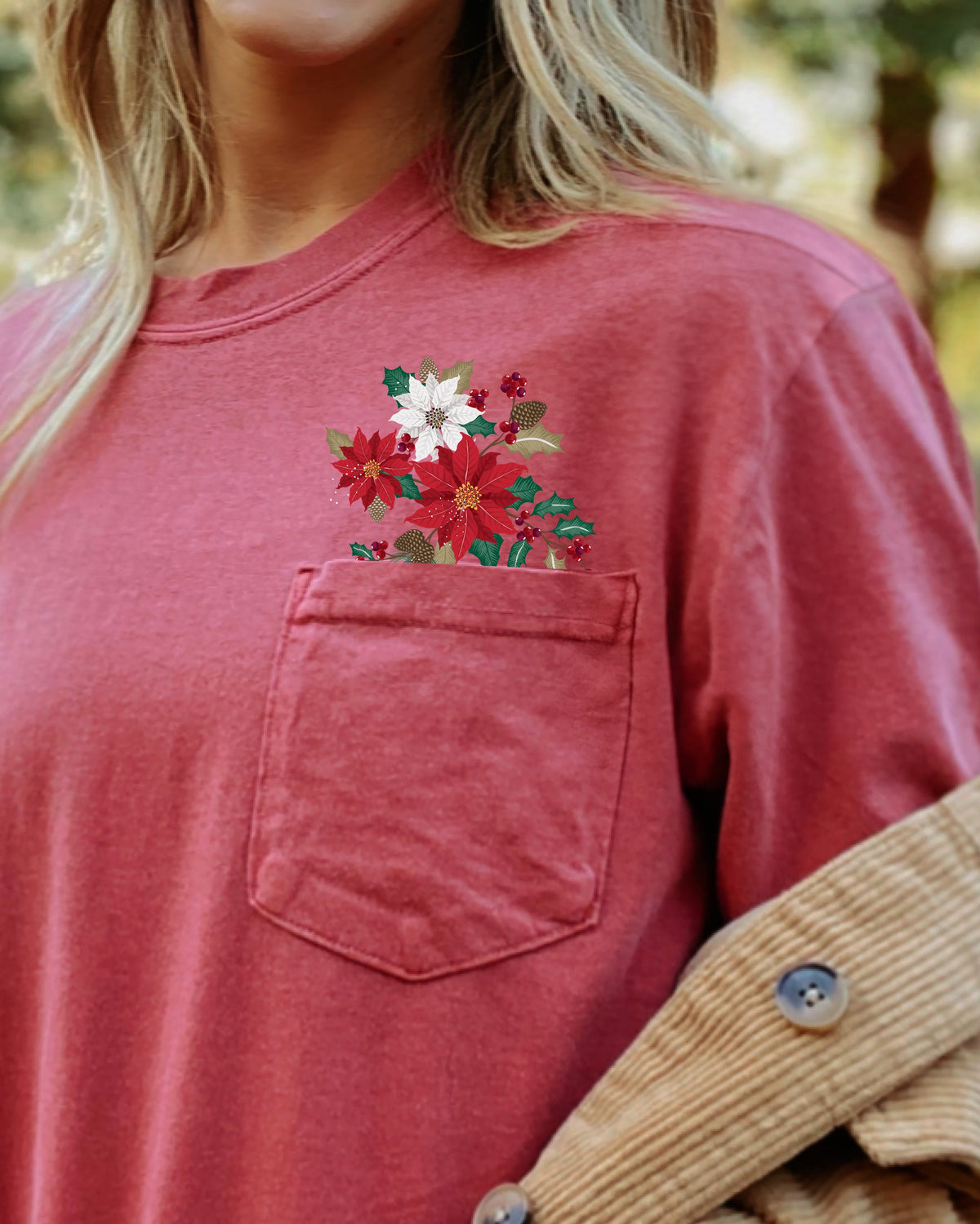 Christmas Flowers Holly Poinsettia Winter Snow Botanical Xmas Pocket Comfort Colors Tee