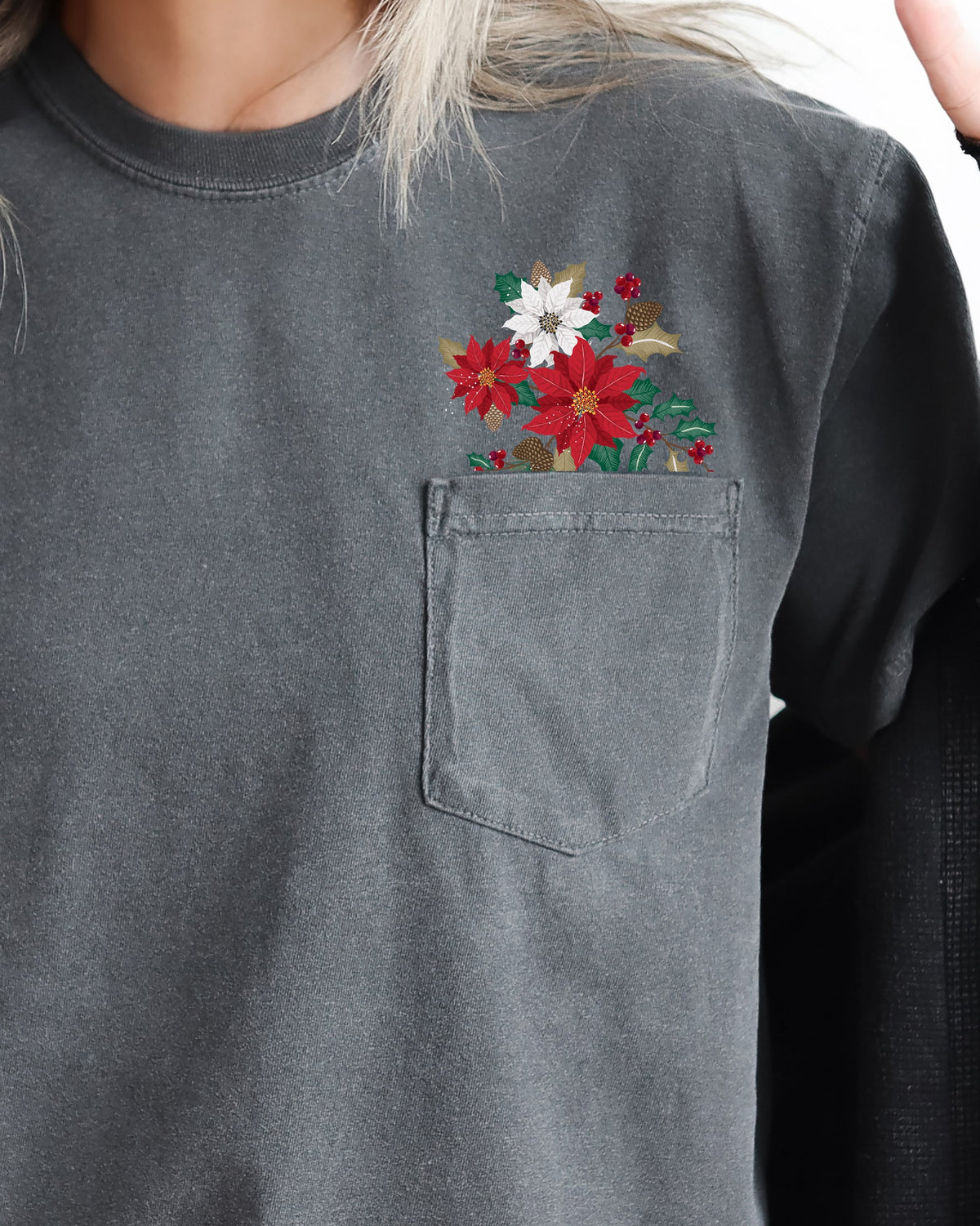 Christmas Flowers Holly Poinsettia Winter Snow Botanical Xmas Pocket Comfort Colors Tee