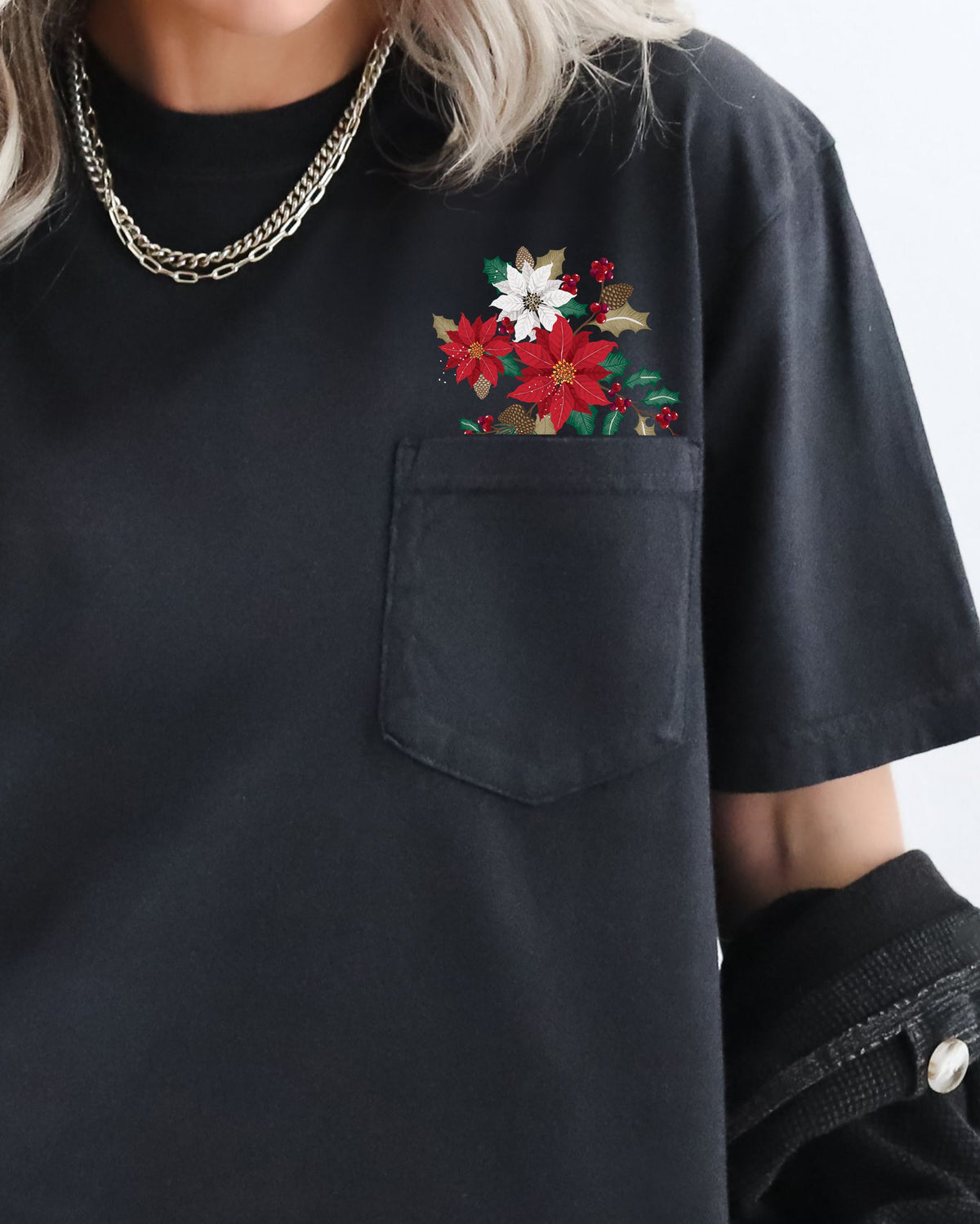Christmas Flowers Holly Poinsettia Winter Snow Botanical Xmas Pocket Comfort Colors Tee