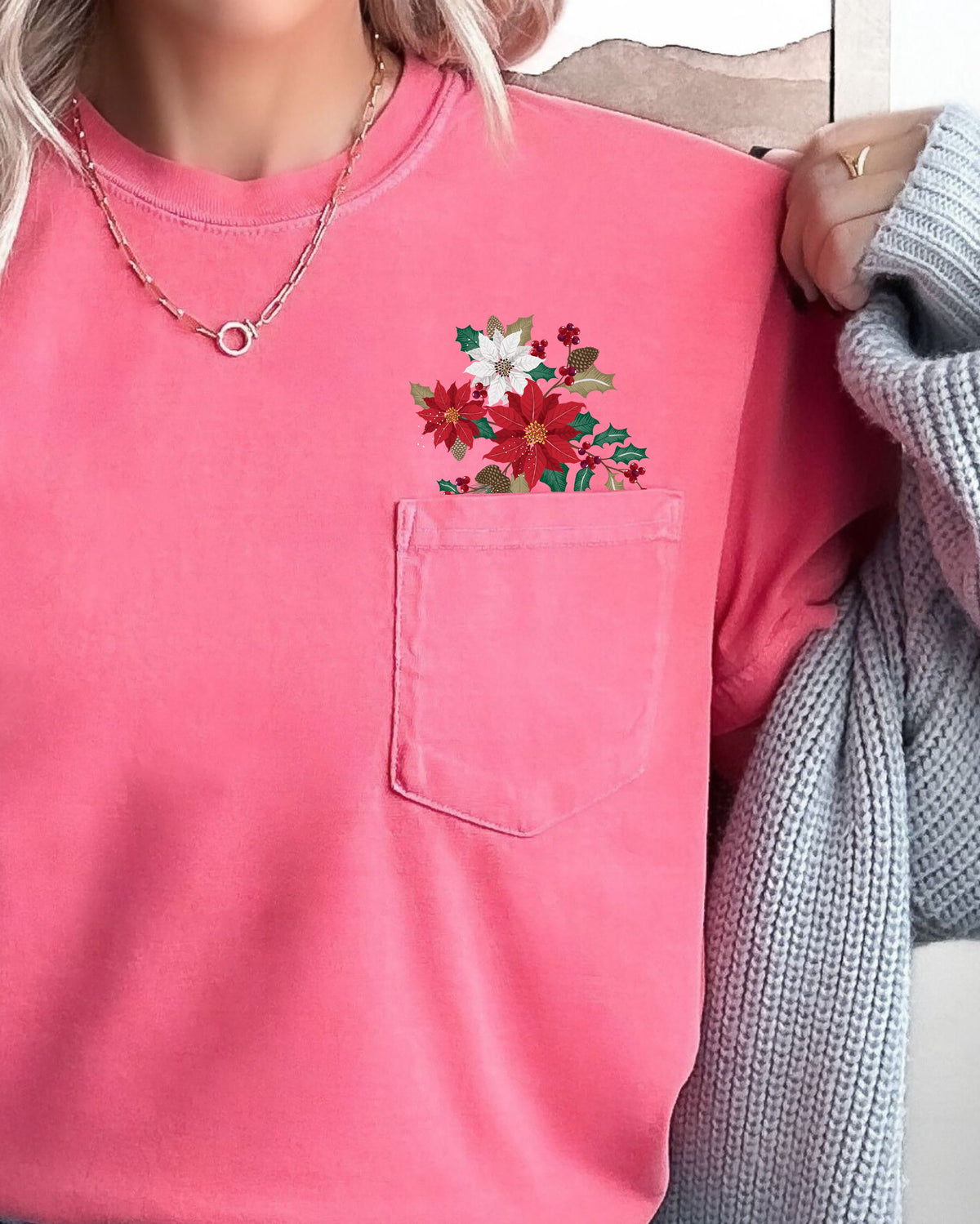 Christmas Flowers Holly Poinsettia Winter Snow Botanical Xmas Pocket Comfort Colors Tee
