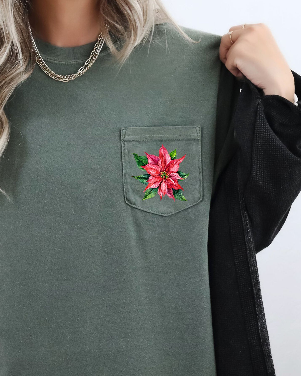 Christmas Flowers Pocket Poinsettia Winter Snow Botanical Xmas Festive Floral Art Print Graphic Tee