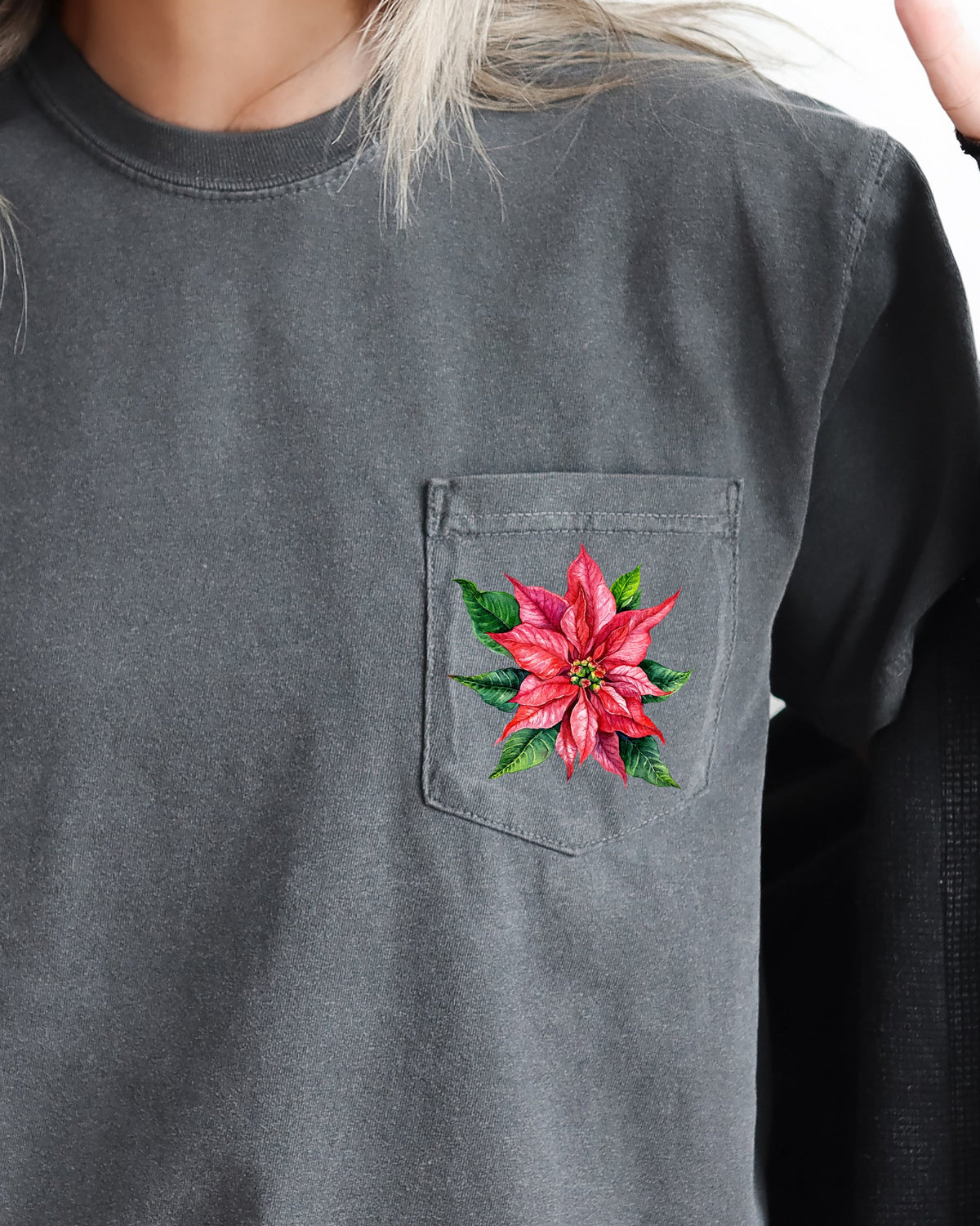 Christmas Flowers Pocket Poinsettia Winter Snow Botanical Xmas Festive Floral Art Print Graphic Tee