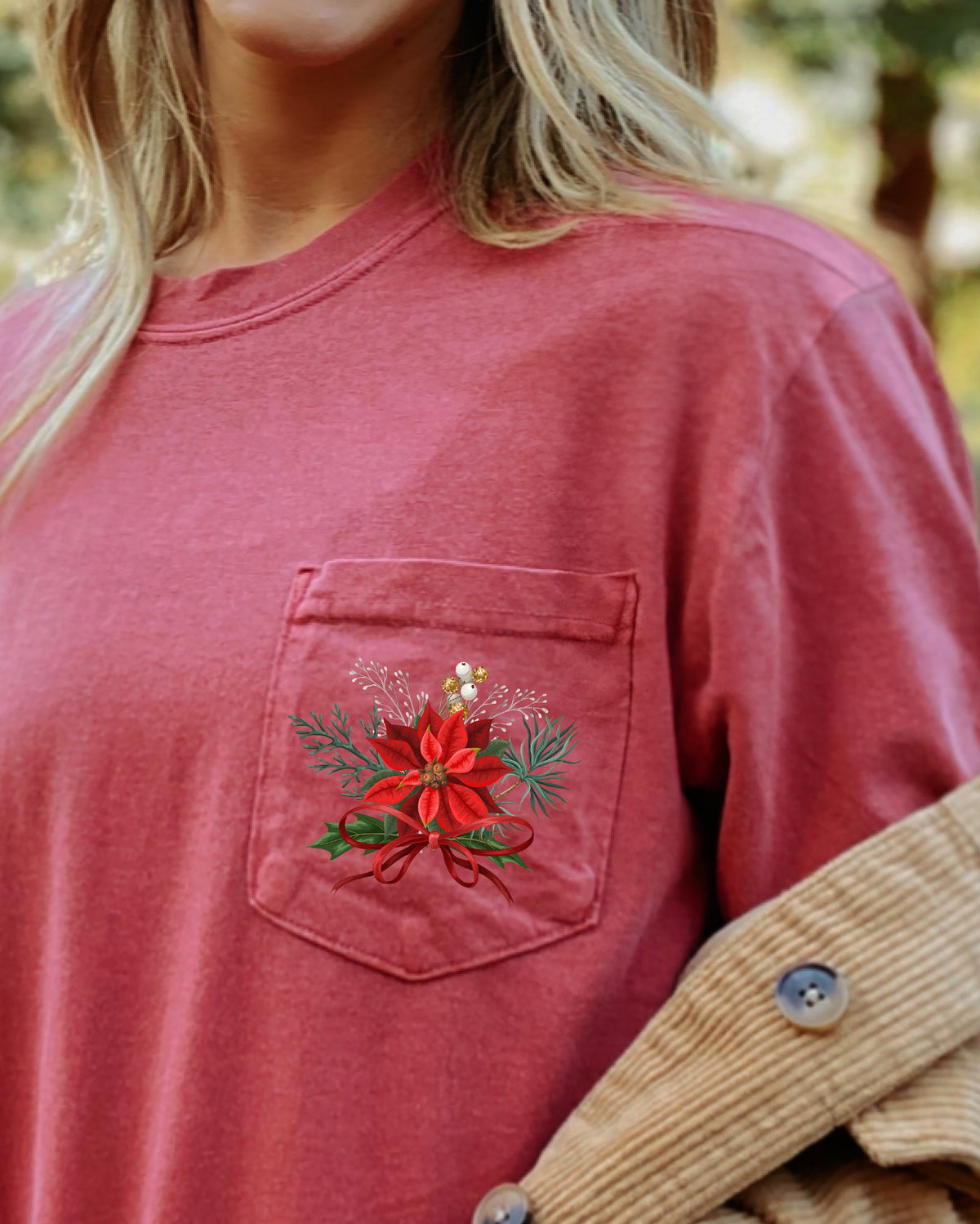 Christmas Flowers Pocket Ribbon Floral Poinsettia Winter Snow Botanical Xmas Comfort Colors Tee
