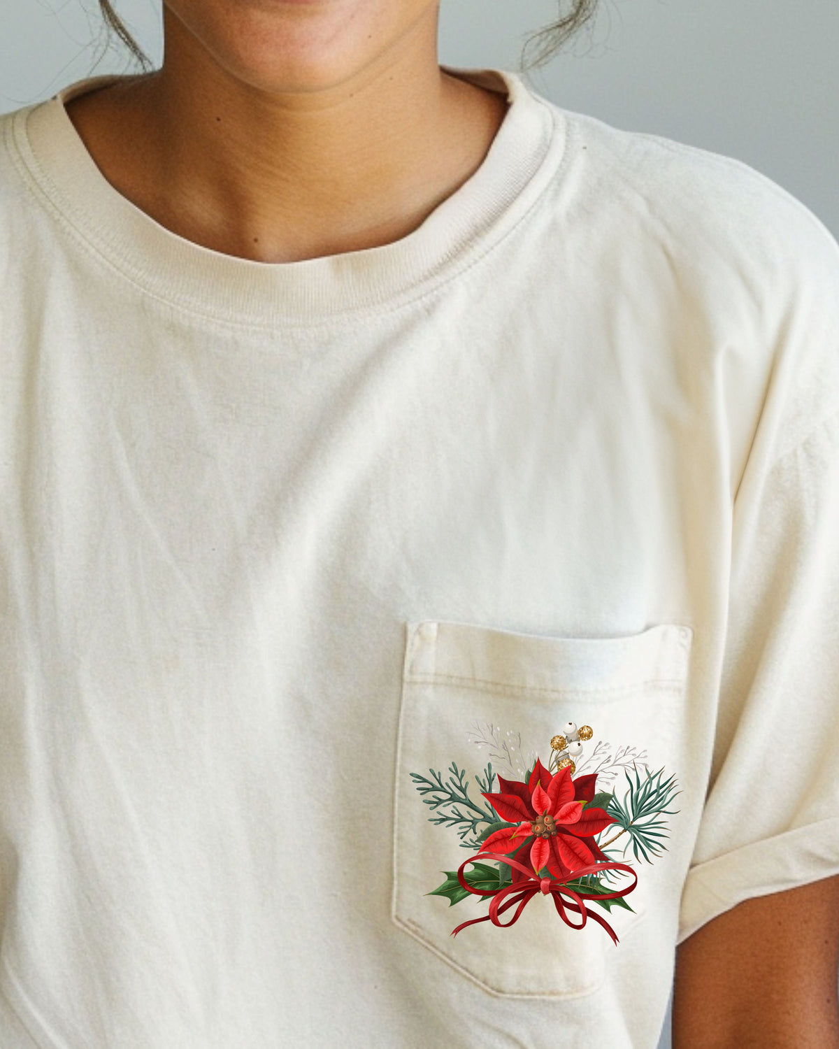 Christmas Flowers Pocket Ribbon Floral Poinsettia Winter Snow Botanical Xmas Comfort Colors Tee
