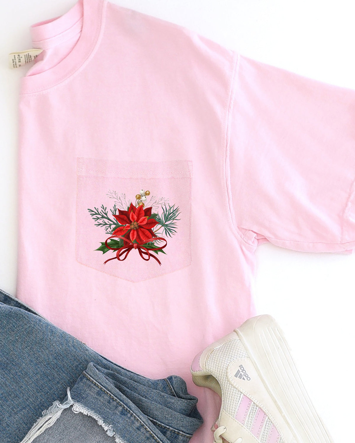 Christmas Flowers Pocket Ribbon Floral Poinsettia Winter Snow Botanical Xmas Comfort Colors Tee