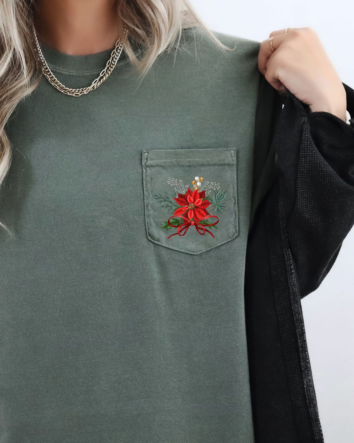 Christmas Flowers Pocket Ribbon Floral Poinsettia Winter Snow Botanical Xmas Comfort Colors Tee