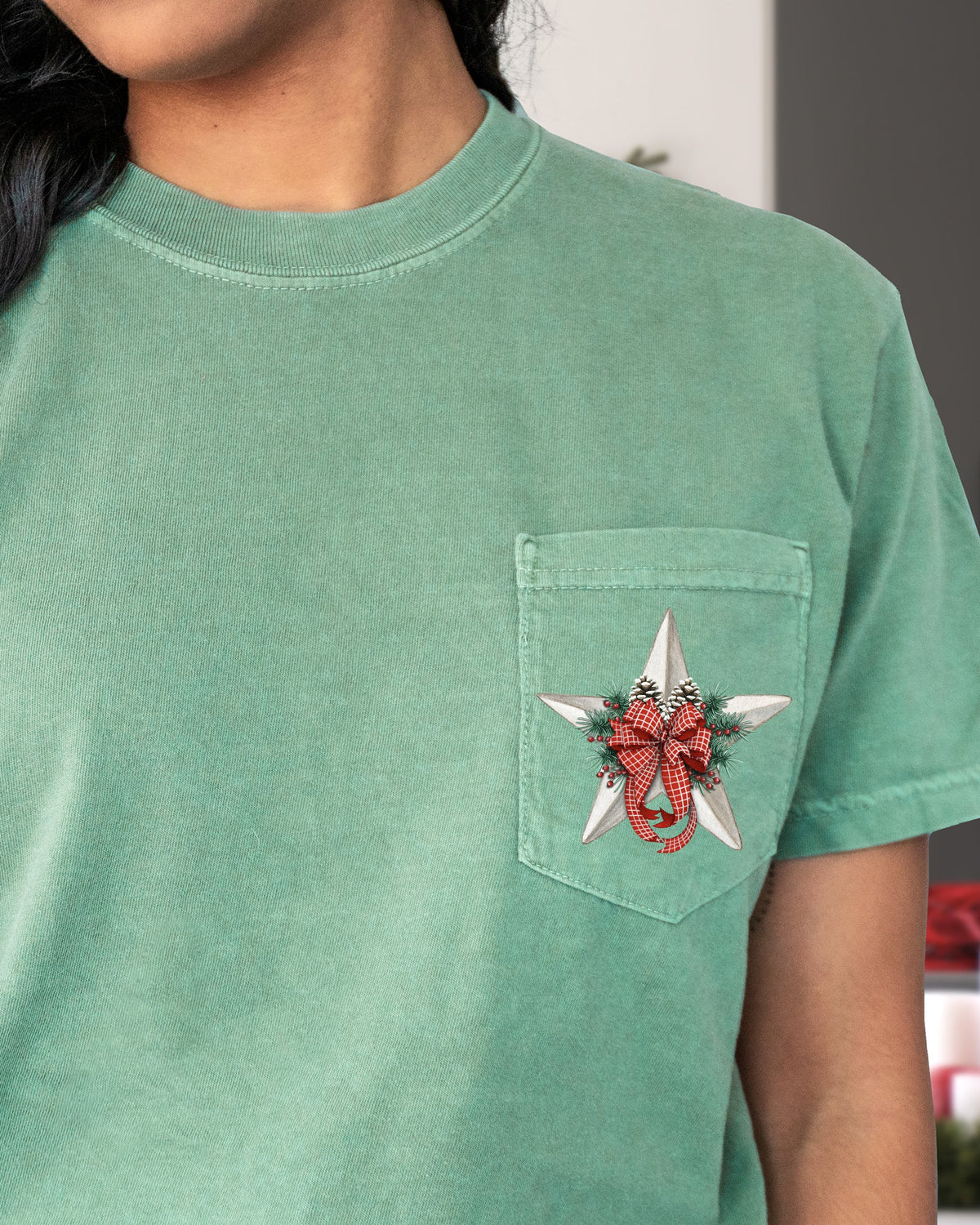 Christmas Flowers Pocket Star Pine Cones Ribbon Floral Poinsettia Winter Snow Botanical Xmas Comfort Colors Tee