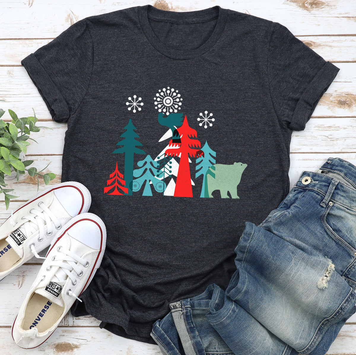 Christmas Folk Art Polar Bear Snowflakes Nordic Winter Scene Featuring Nordic Motifs And Cozy Holiday Charm Graphic Tee