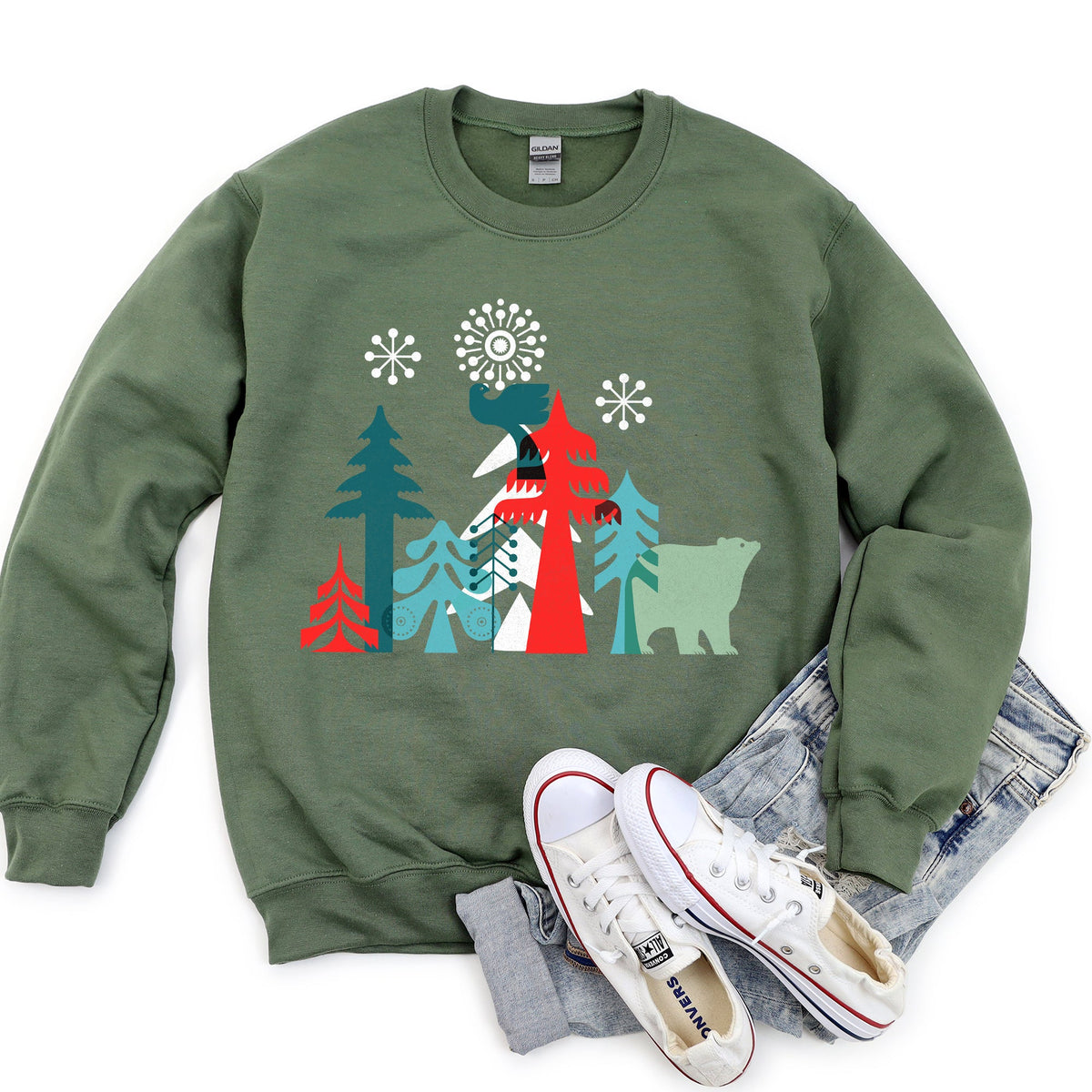 Festive Christmas Folk Art Polar Bear Theme With Whimsical North Pole Charm Sweatshirt