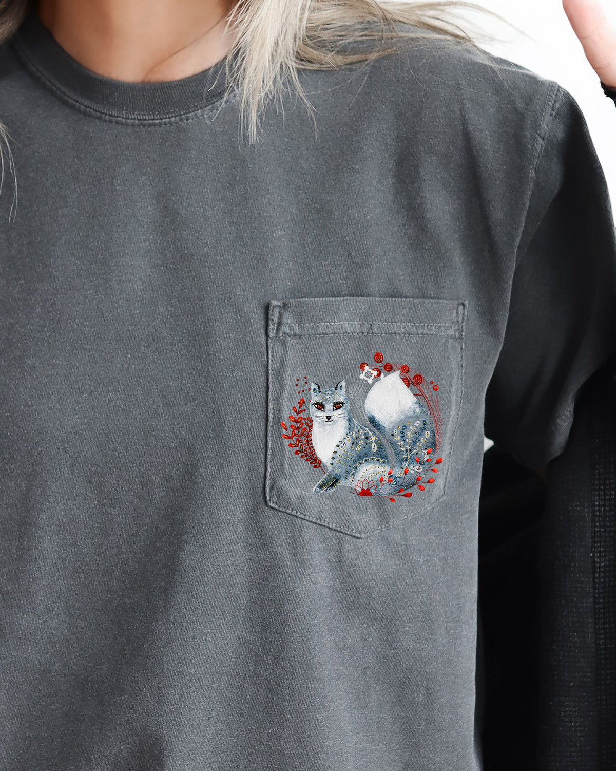 Christmas Fox Folk Art Santa Pocket Floral Winter Snow Xmas Flowers Comfort Colors Tee