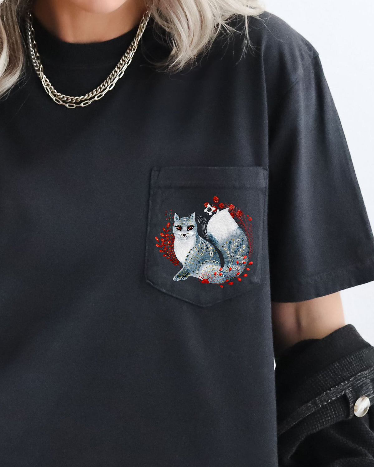 Christmas Fox Folk Art Santa Pocket Floral Winter Snow Xmas Flowers Comfort Colors Tee