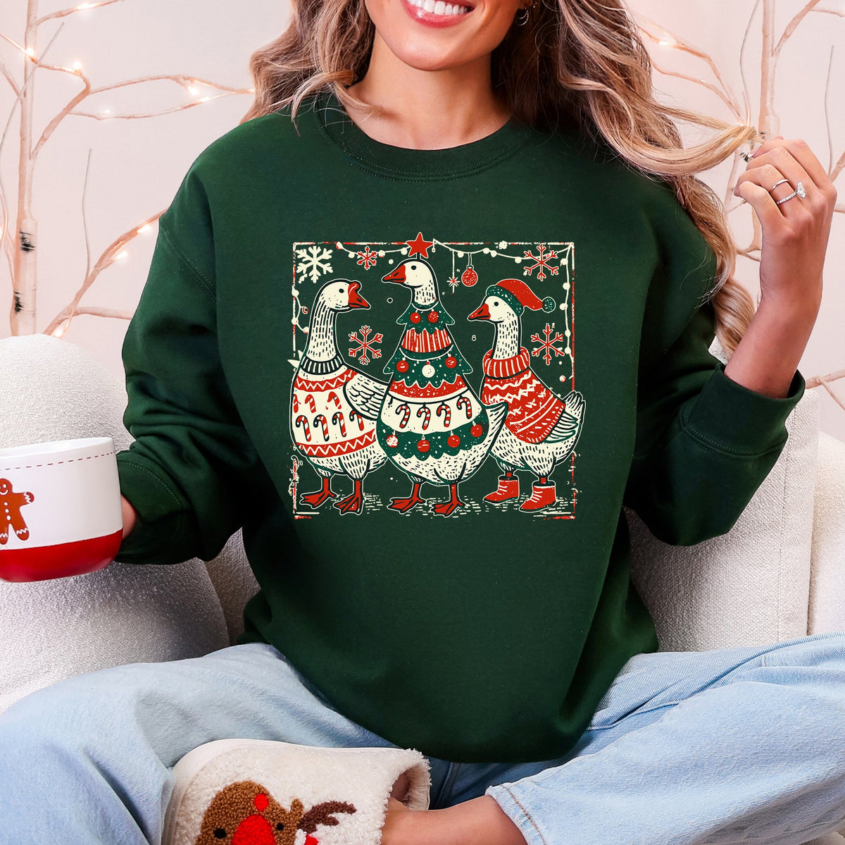 Christmas Geese Retro Festive Holiday Cheer Geese Pattern With Rustic Nordic Elements Sweatshirt