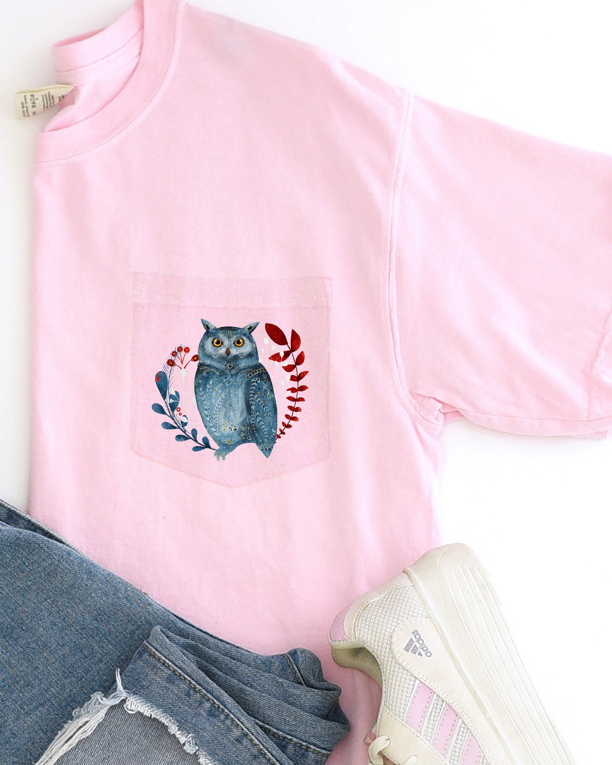 Christmas Owl Pocket Folk Art Santa Winter Snow Xmas Flowers Floral Comfort Colors Tee