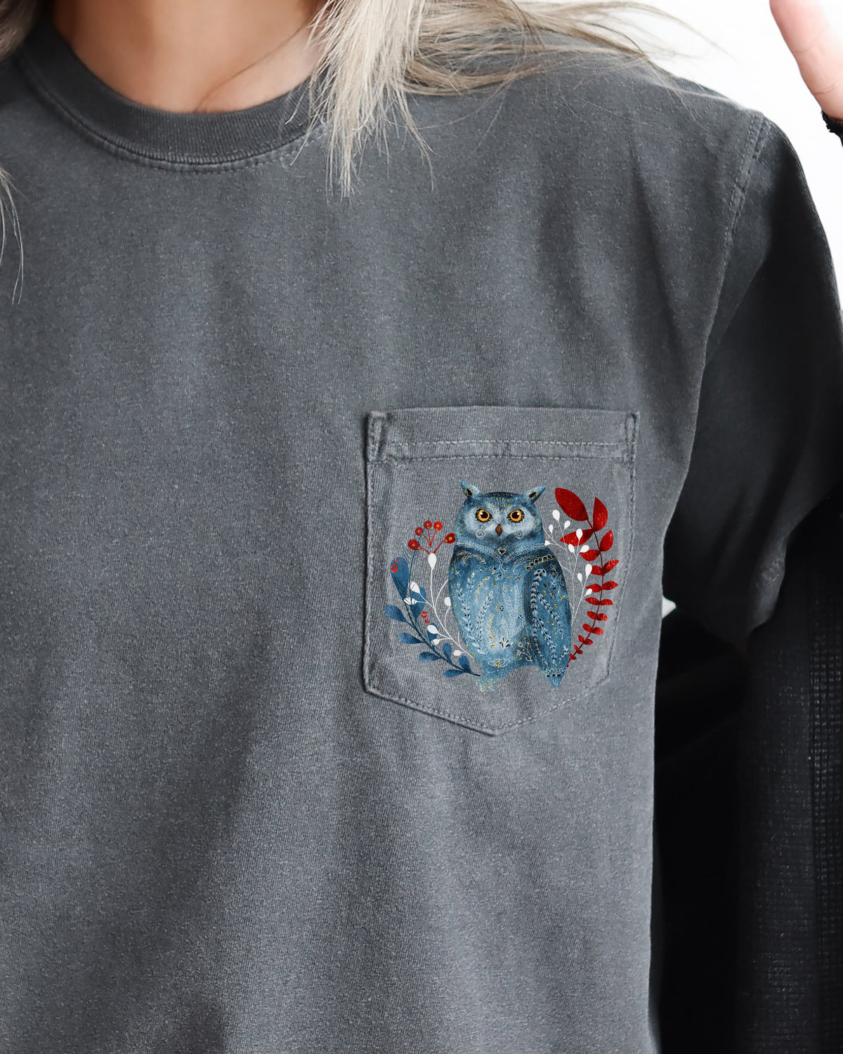 Christmas Owl Pocket Folk Art Santa Winter Snow Xmas Flowers Floral Comfort Colors Tee