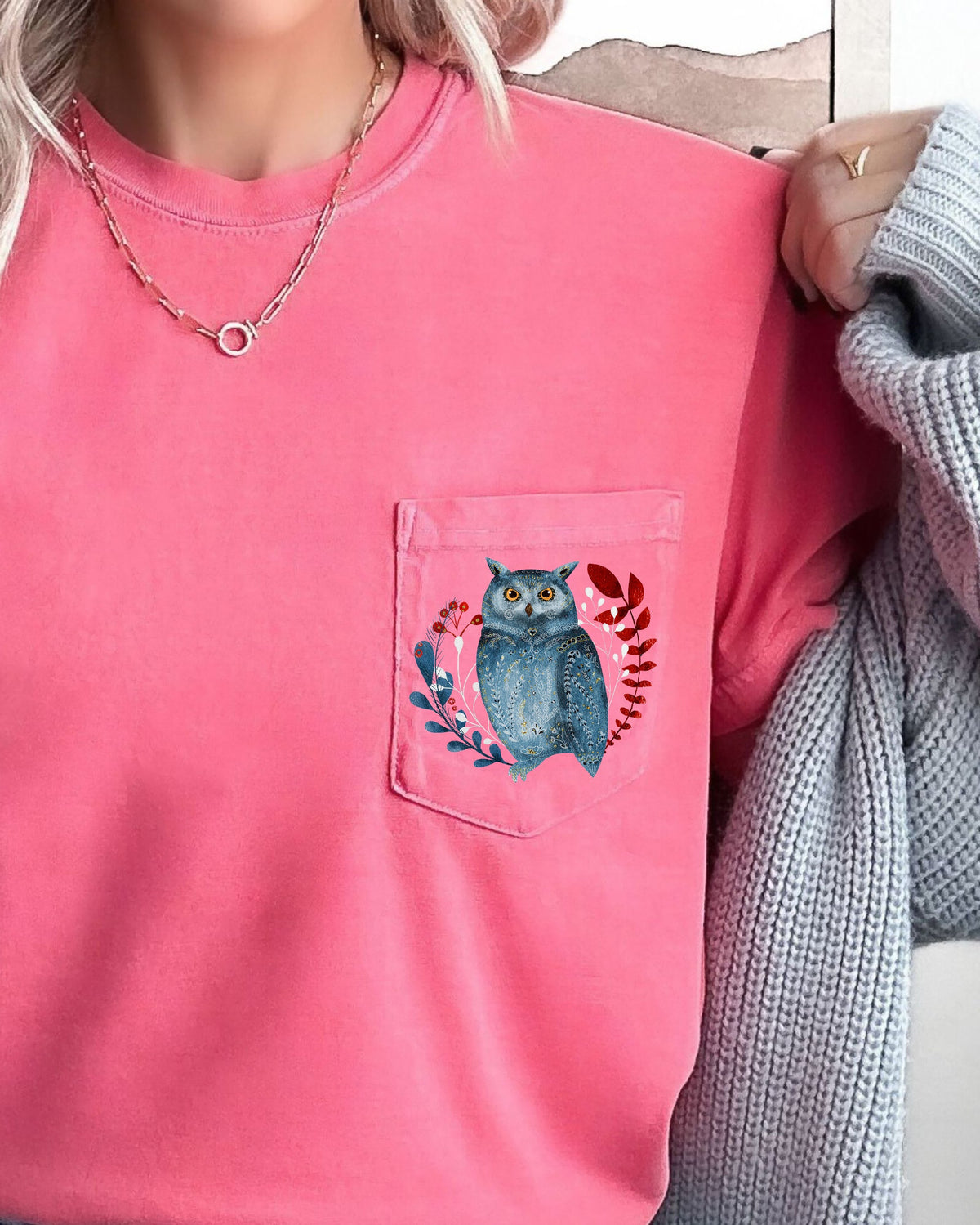 Christmas Owl Pocket Folk Art Santa Winter Snow Xmas Flowers Floral Comfort Colors Tee