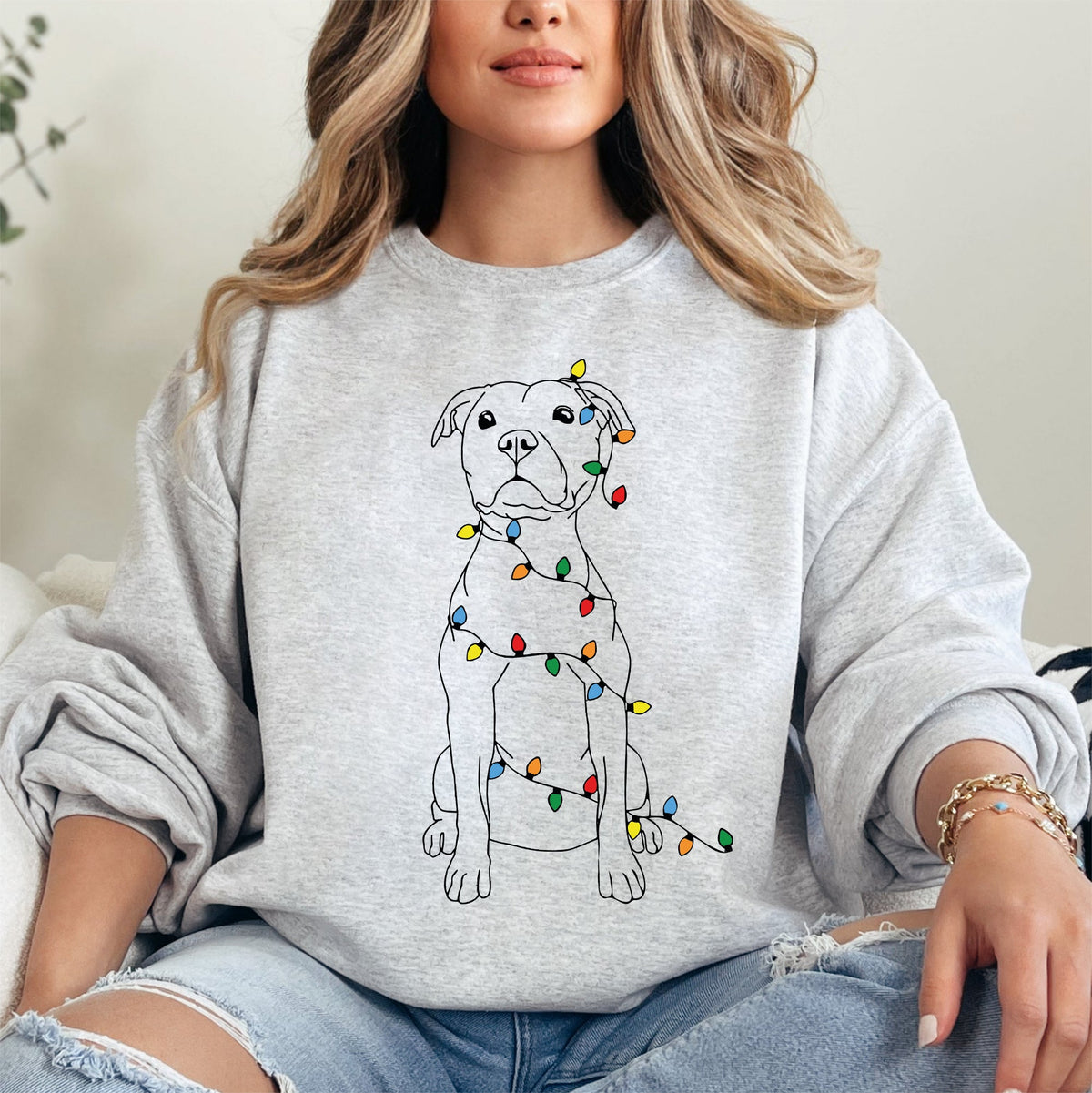 Christmas Pit Bull Lights Santa Dog Lover Holiday Cheer Seasonal Cozy Fleece Sweatshirt