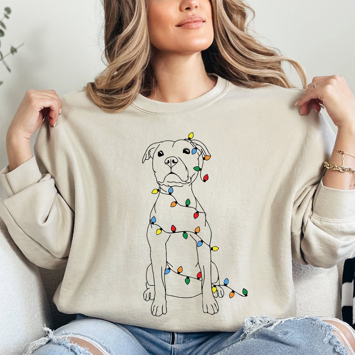 Christmas Pit Bull Lights Santa Dog Lover Holiday Cheer Seasonal Cozy Fleece Sweatshirt