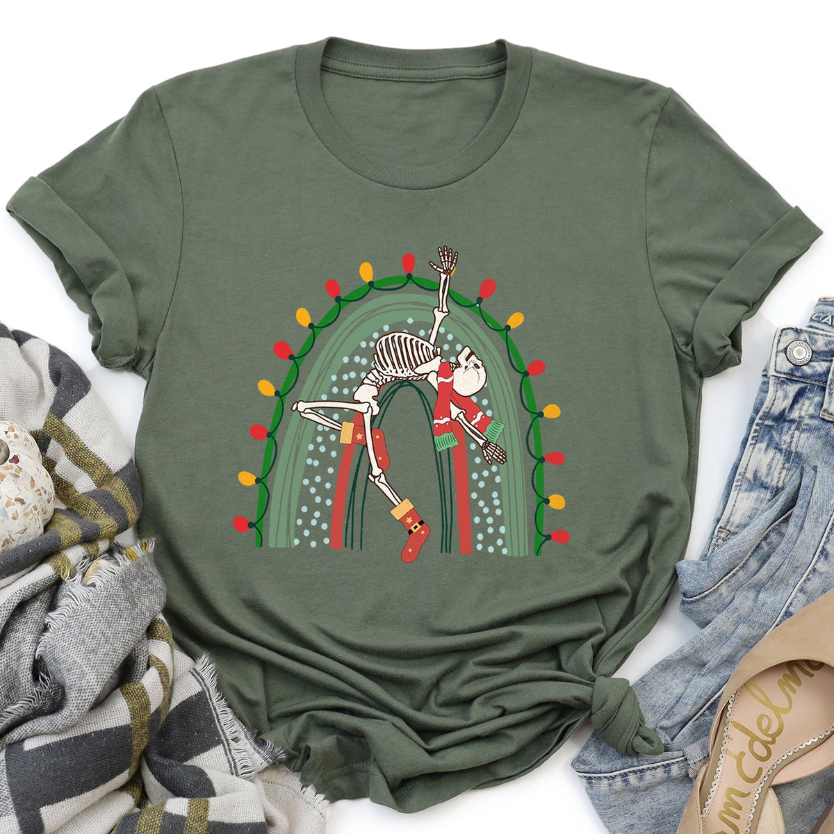 Christmas Rainbow Dancing Skeleton Retro Vintage Holiday Party Night Lights Edition Graphic Tee
