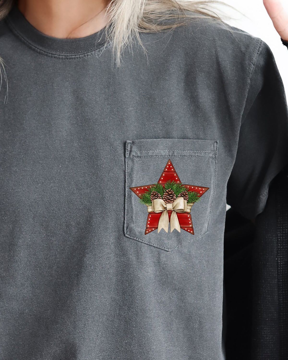 Christmas Star Pocket With Pine Cones And Ribbon Winter Snow Santa Scene Comfort Colors Tee