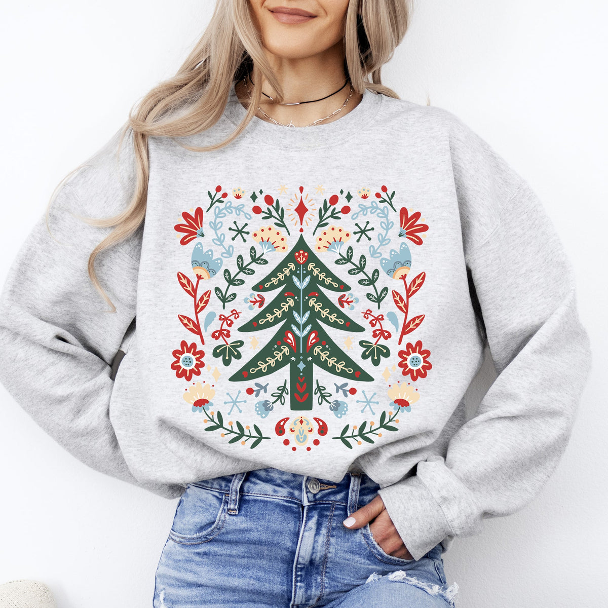 Christmas Tree Folk Art Scandinavian Santa Floral Classic Cozy Holiday Scene Sweatshirt