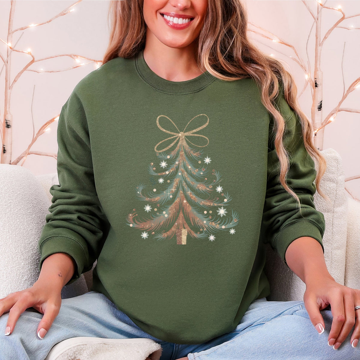 Christmas Tree Santa Vintage Elegant Ribbon And Bows Holiday Classic Cozy Sweatshirt
