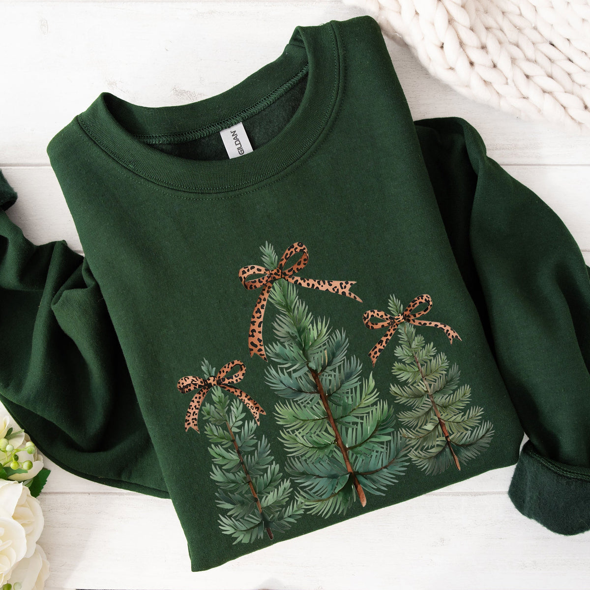 Christmas Trees With Leopard Print Bow Minimalist Santa Snow Xmas Festive Sweatshirt