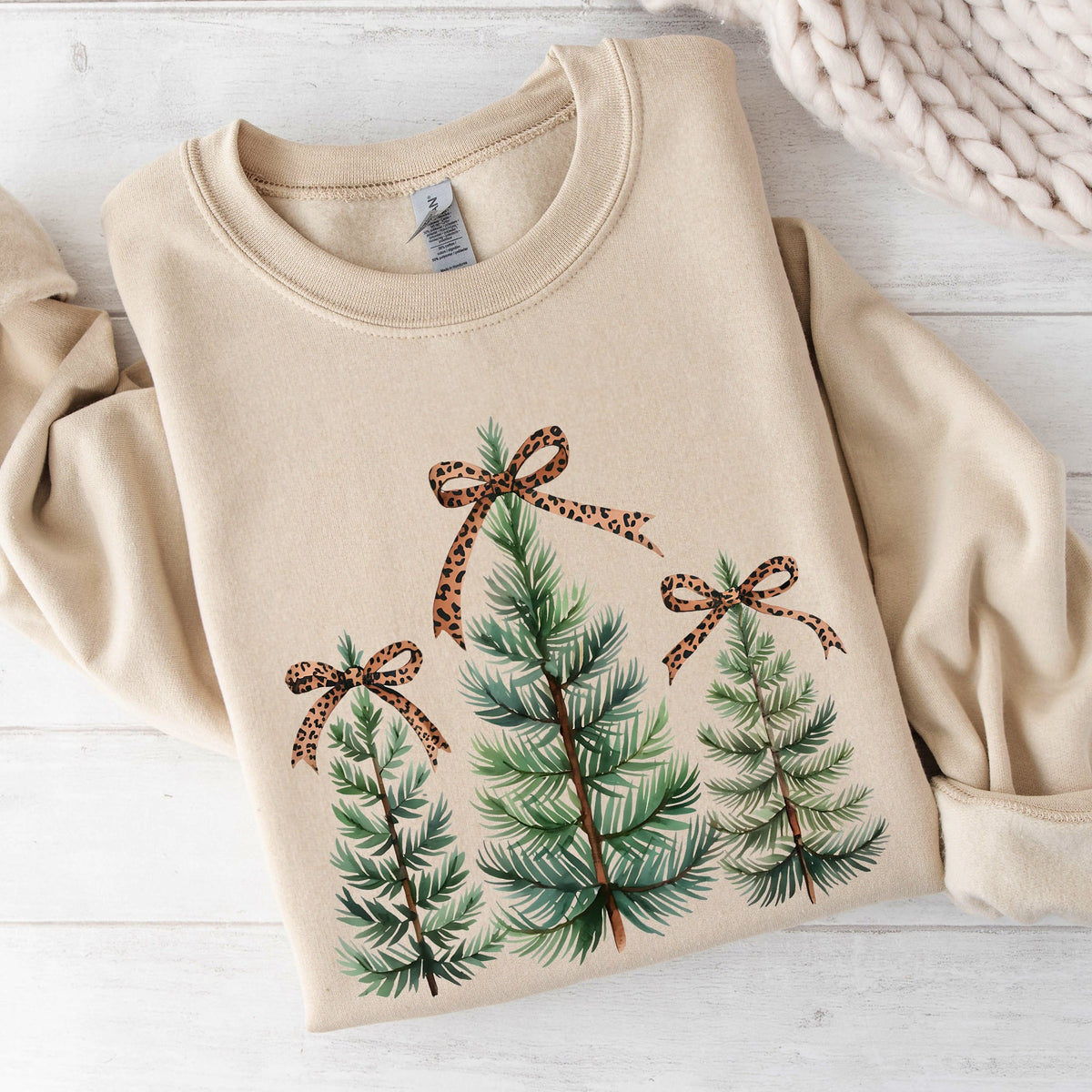Christmas Trees With Leopard Print Bow Minimalist Santa Snow Xmas Festive Sweatshirt