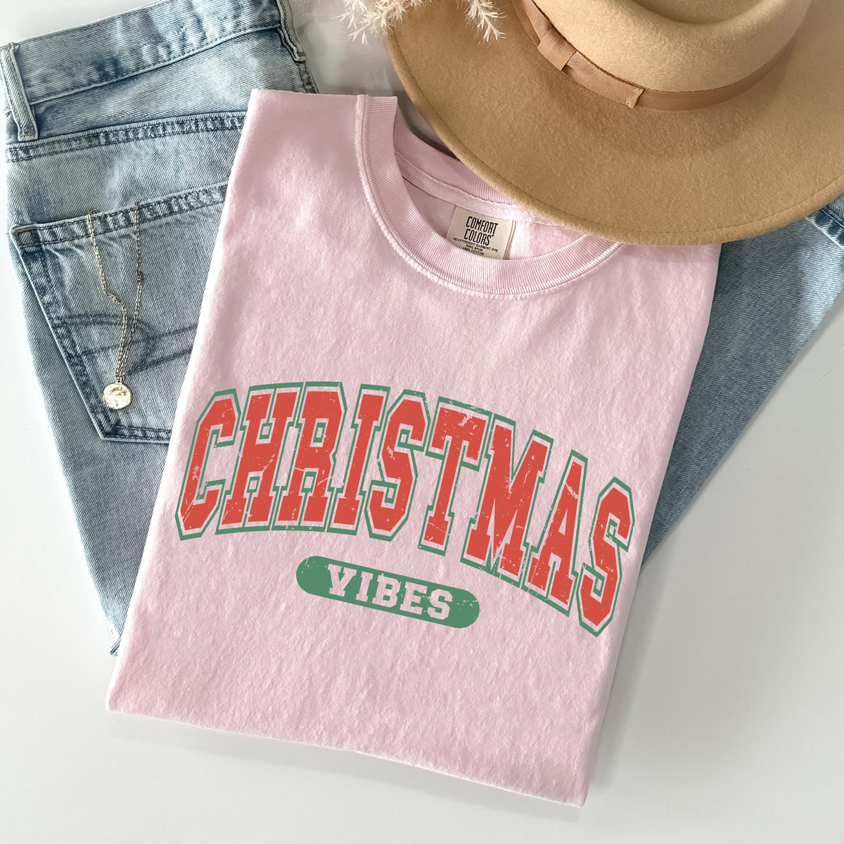 Christmas Vibes Retro Varsity Santa Snow Xmas Holiday Spirit Edition Comfort Colors Tee