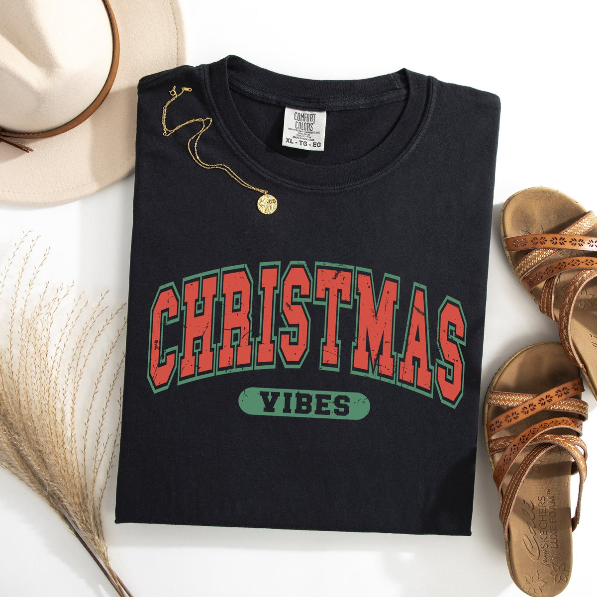 Christmas Vibes Retro Varsity Santa Snow Xmas Holiday Spirit Edition Comfort Colors Tee