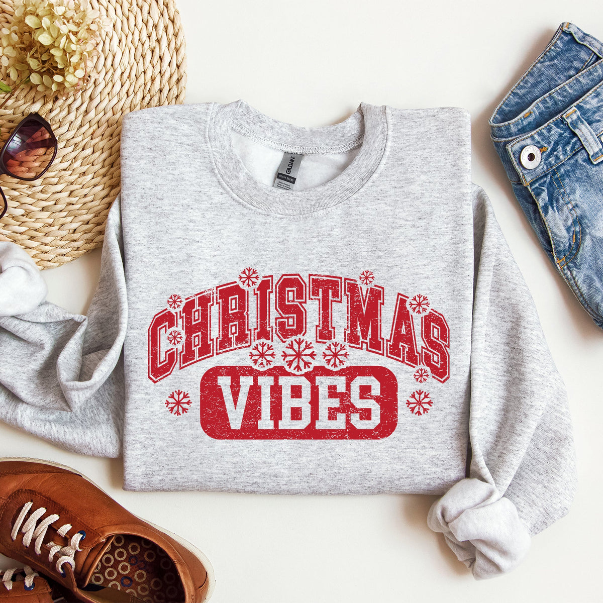 Christmas Vibes Snowflakes Retro Varsity Santa Snow Xmas Sweatshirt
