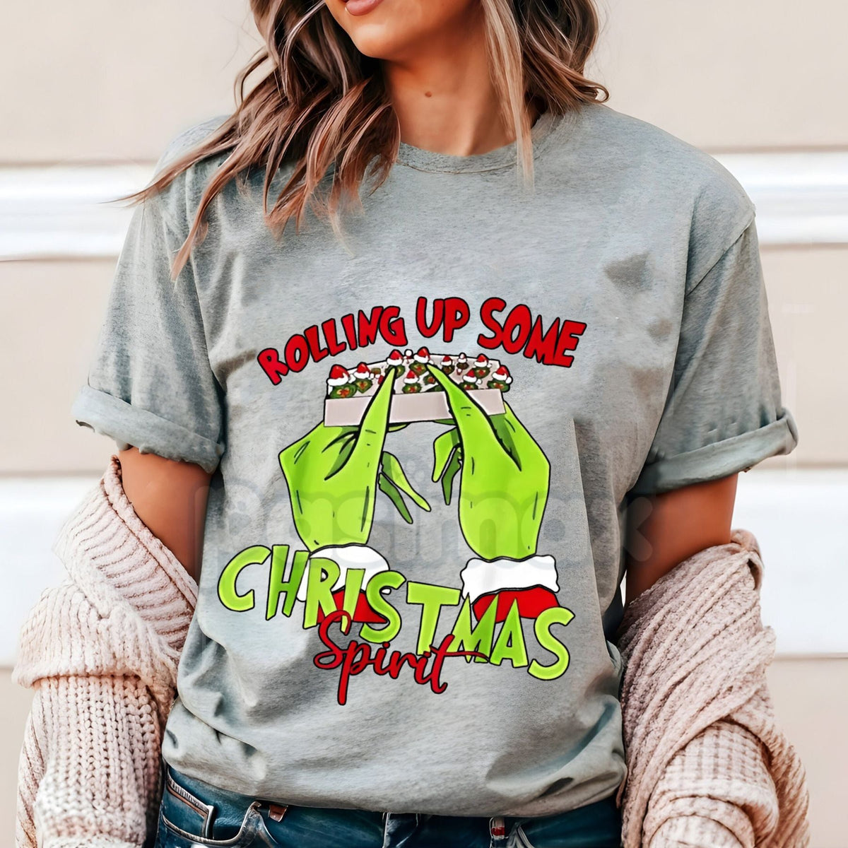 Christmas Spirit Grinch Hands Rolling Joint T-Shirt - Funny 420 Holiday Party Wear, Adult Grinch Christmas Gift, Edgy Festive Apparel