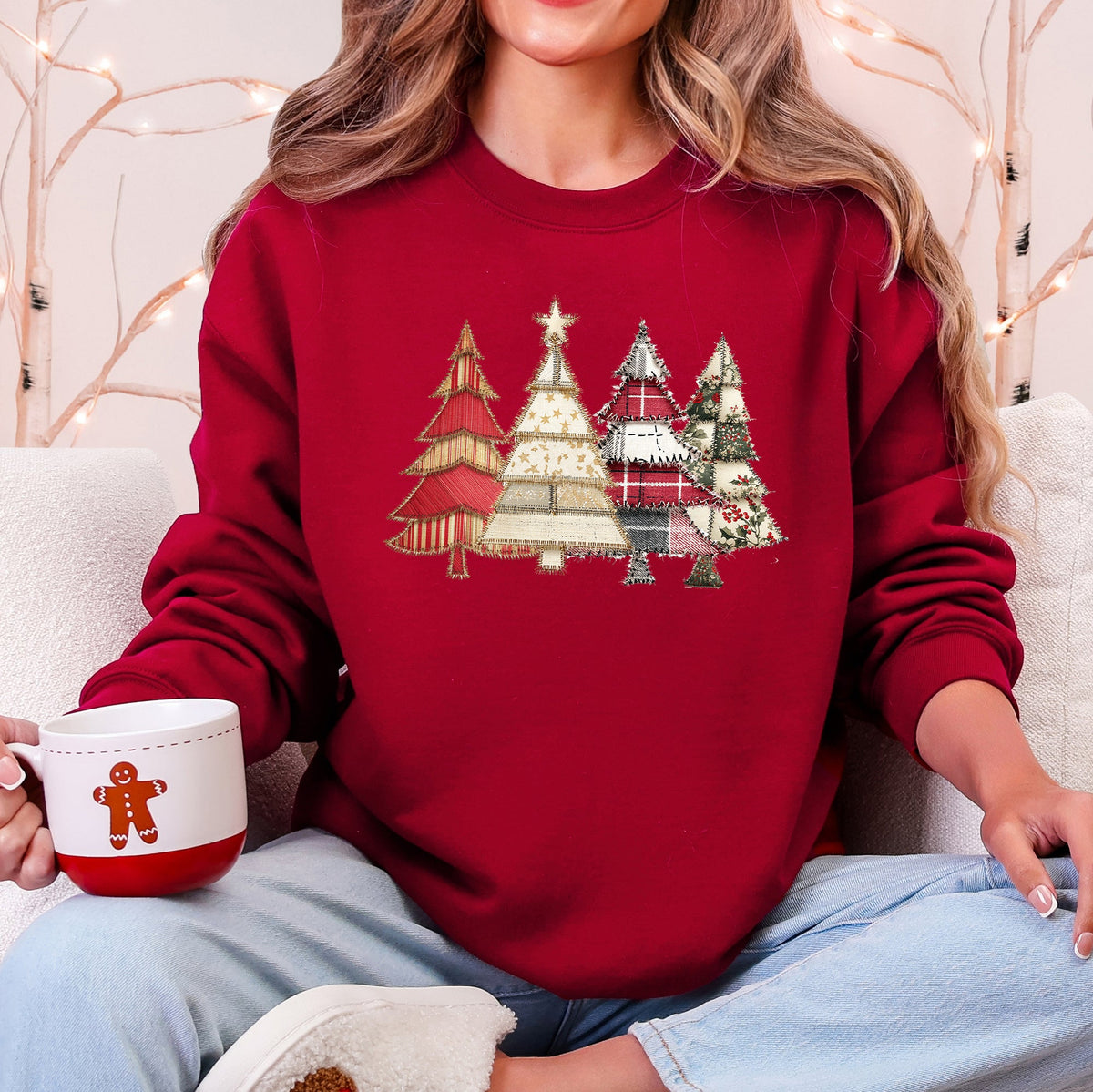 Christmas Trees, Faux Quilt, Santa Festive Holiday Scene Vintage Cozy Winter Sweatshirt
