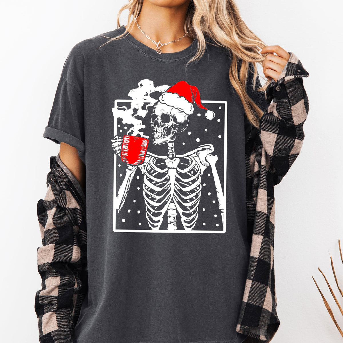 Coffee Lover Santa Skeleton Christmas Snow Winter Holiday Scene Comfort Colors Tee