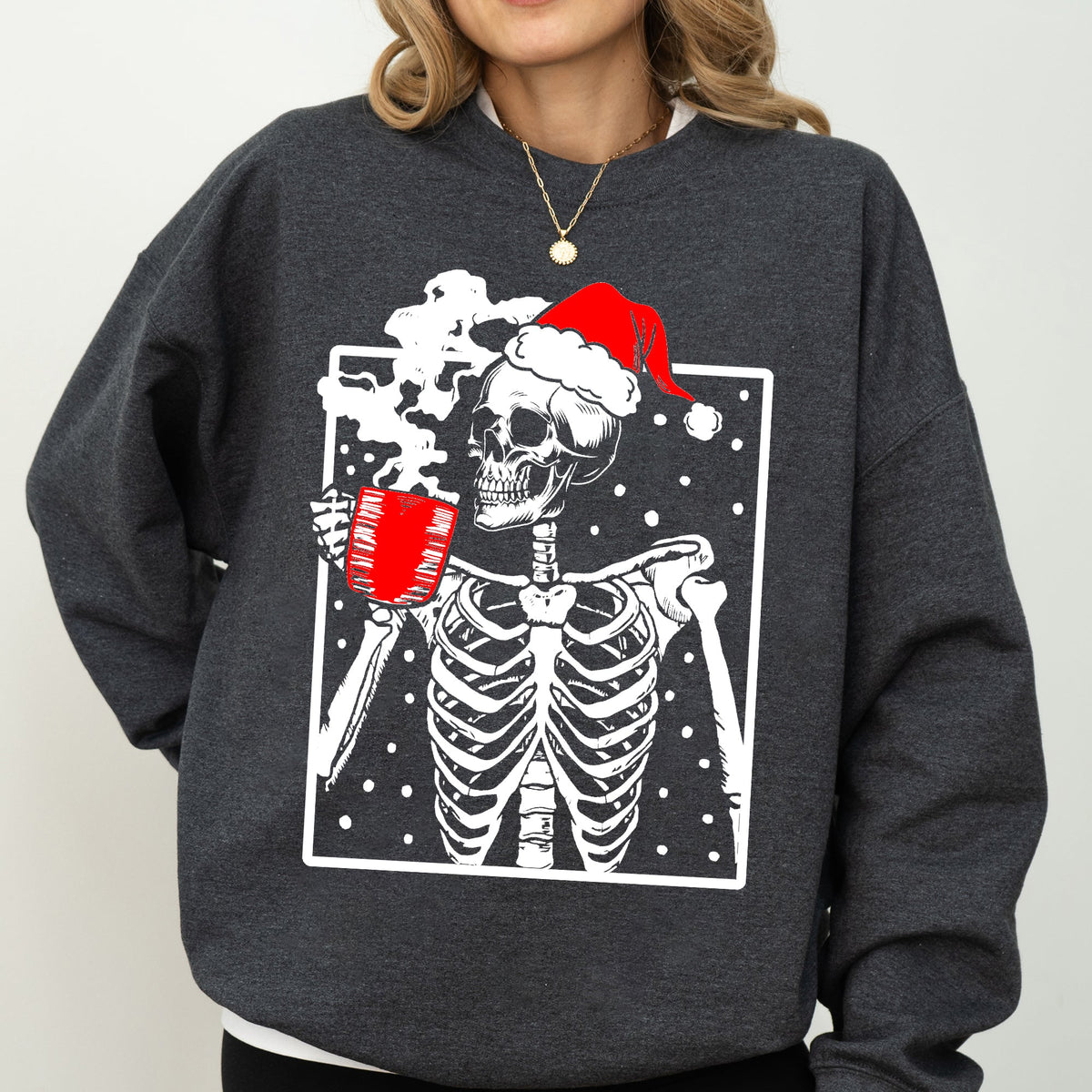 Coffee Lover Santa Skeleton Christmas Snow Winter Xmas Festive Latte Edition Sweatshirt