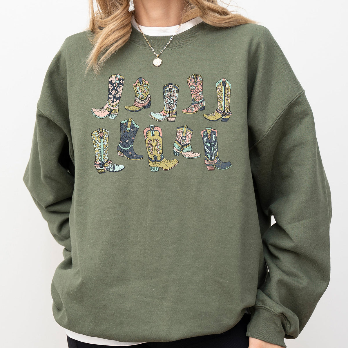 Colorful Cowboy Boots Western Cowgirl Country Vivid Graphic Artwork Celebrating Ranch Life and Sunset Trails Sweatshirt