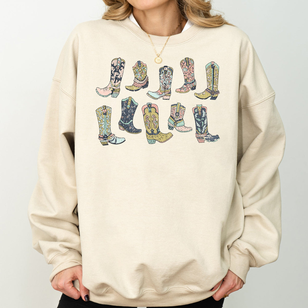 Colorful Cowboy Boots Western Cowgirl Country Vivid Graphic Artwork Celebrating Ranch Life and Sunset Trails Sweatshirt